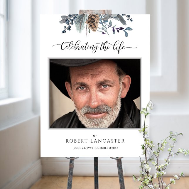 Funeral Welcome Photo Blue Rustic Foliage Sign (Creator Uploaded)