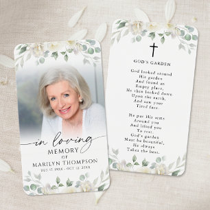 Funeral White Floral Cross Photo Prayer Card
