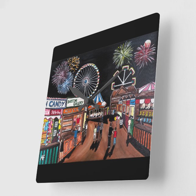 Funfair at Night Painting by Alfred Fox Square Wall Clock (Angle)