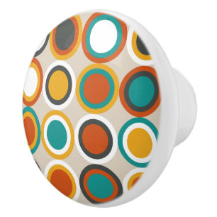 Funky 1970s Orange Teal Brown Circles Pattern Ceramic Knob