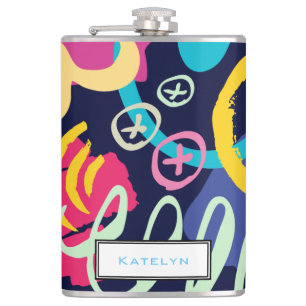 Funky 1980s Style Colourful Pattern with Monogram Hip Flask
