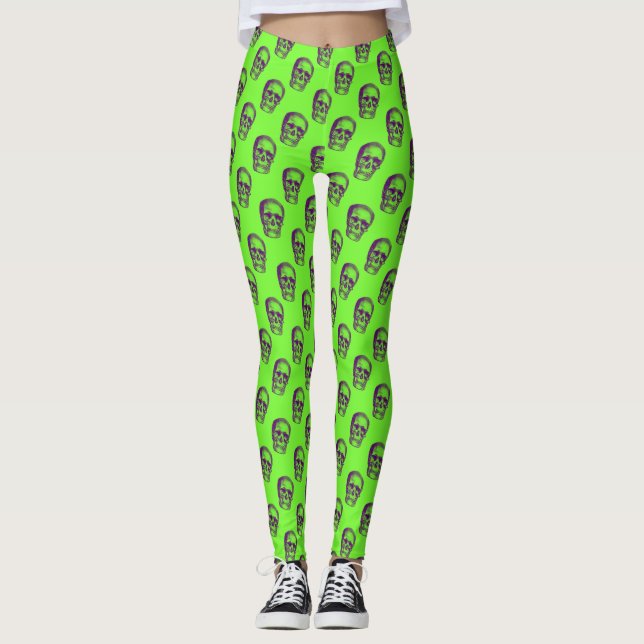 Funky 80s Neon Green Skull Pattern Gym Yoga Leggings (Front)