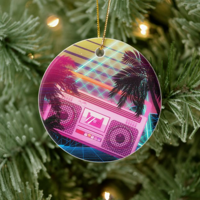 Funky 80s pink boombox with palm trees ceramic ornament (Tree)
