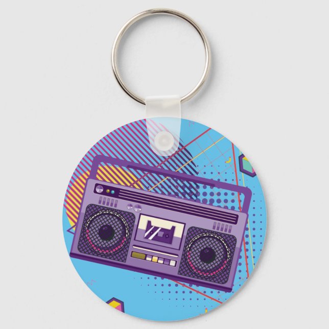 Funky 80s portable radio cassette player, boombox keychain (Front)