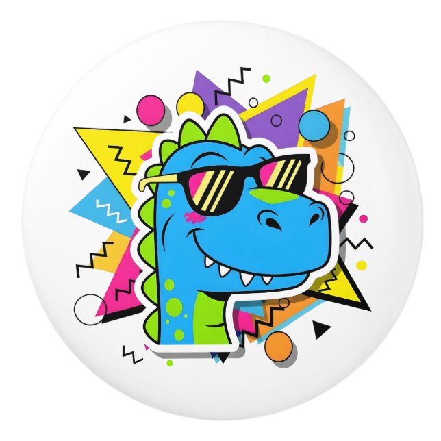 Funky 90s Dinosaur with Sunglasses Retro Geometric Ceramic Knob (Front)