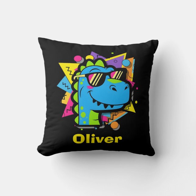 Funky 90s Dinosaur with Sunglasses Retro Geometric Throw Pillow (Front)