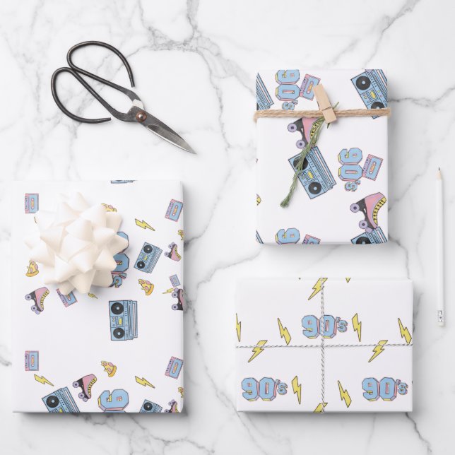 Funky 90's Theme Birthday Gift Set of 3  Wrapping Paper Sheet (Front)
