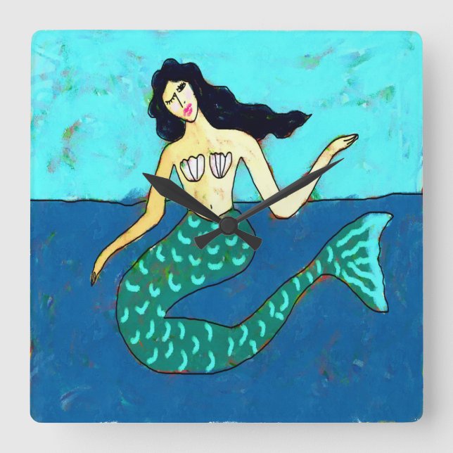 Funky Abstract Art Mermaid Square Wall Clock (Front)