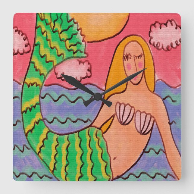 Funky Abstract Art Mermaid Square Wall Clock (Front)