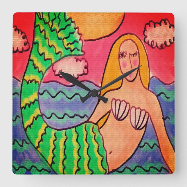 Funky Abstract Art Mermaid Square Wall Clock (Front)