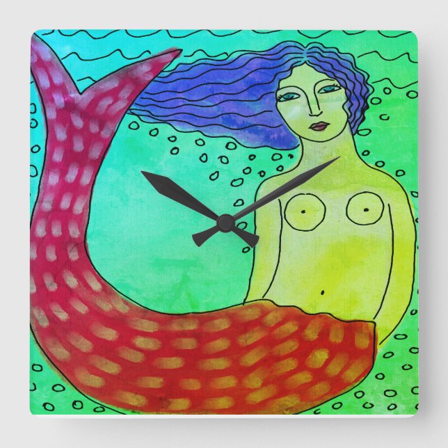 Funky Abstract Art Mermaid Square Wall Clock (Front)