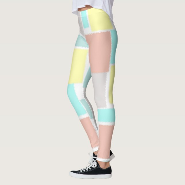 Funky Abstract Art Pastel Turquoise Yellow Leggings (Left)