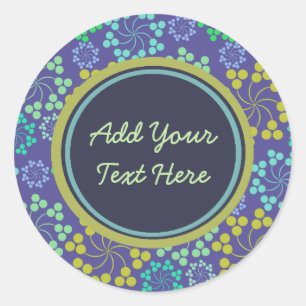 Funky Abstract Blue Floral Pattern Custom Text Classic Round Sticker