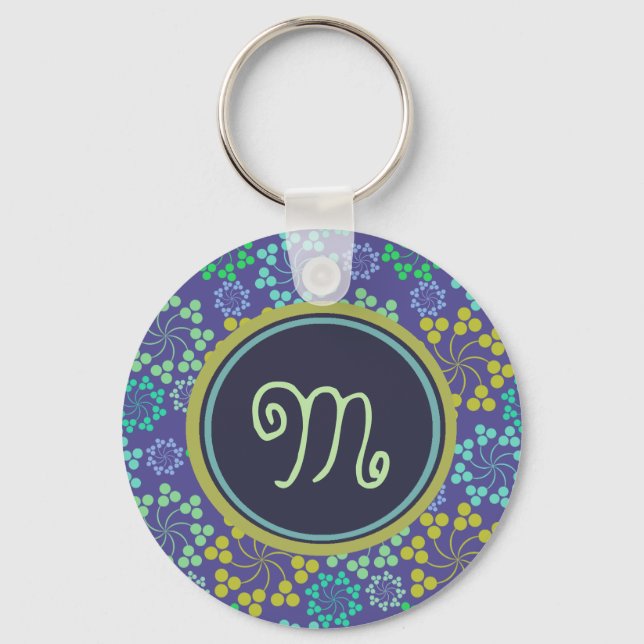 Funky Abstract Blue Floral Pattern Monogram Keychain (Front)
