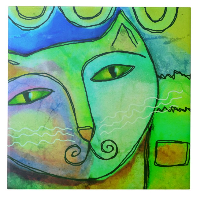 Funky Abstract Digital Cat Painting Tile (Front)