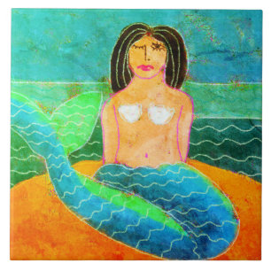 Funky Abstract Digital Mermaid Painting Tile