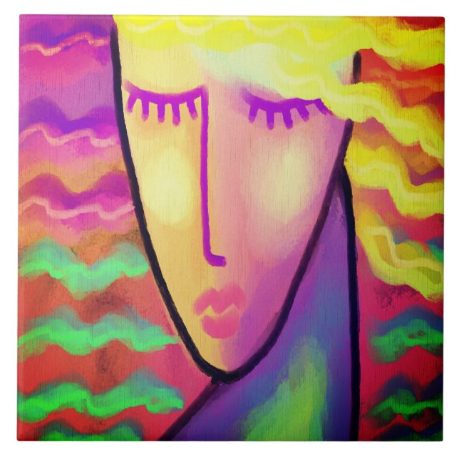 Funky Abstract Digital Painting of a Woman Tile (Front)