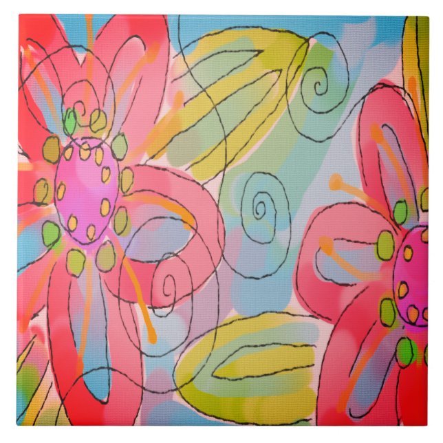 Funky Abstract Floral Painting Tile (Front)