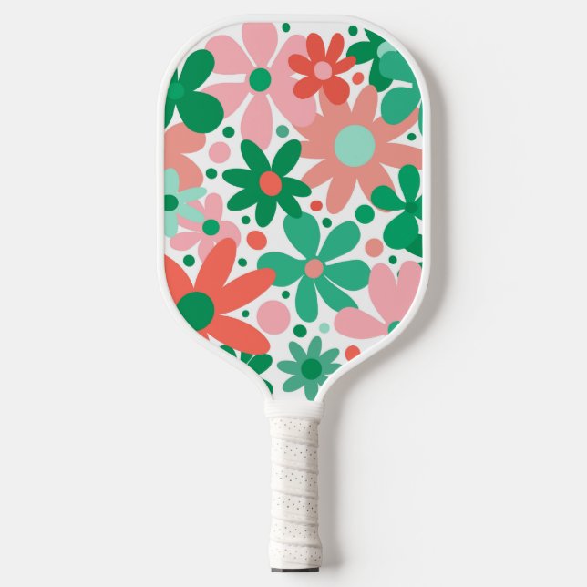 Funky, abstract flowers in pink, green, & coral pickleball paddle (Front)