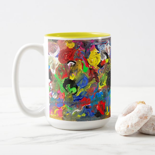 Funky Abstract Joyful Colourful Two-Tone Coffee Mug (With Donut)