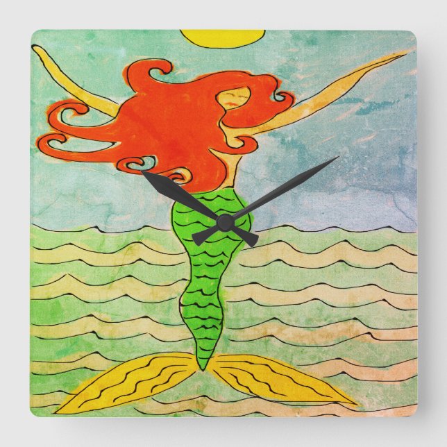 Funky Abstract Mermaid Painting Square Wall Clock (Front)