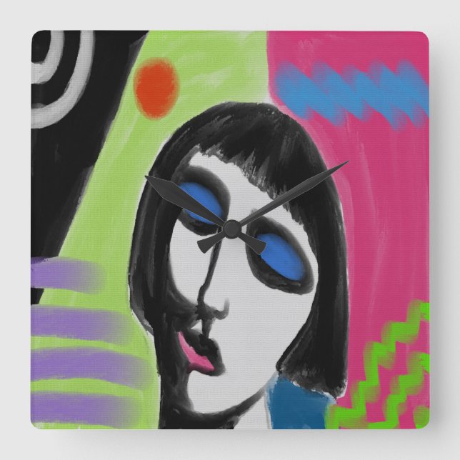 Funky Abstract Portrait of a Woman Square Wall Clo Square Wall Clock (Front)