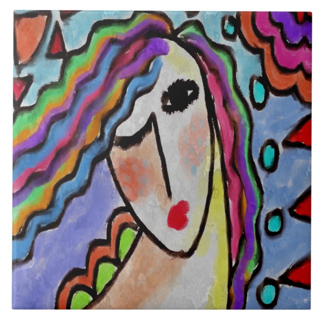 Funky Abstract Portrait of a Woman Tile (Front)