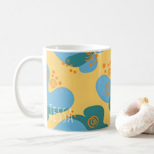 Funky Abstract Retro Teal and Yellow Whimsical Art Coffee Mug