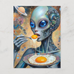 Funky Alien Eating Fried Eggs With Runny Yolks Postcard