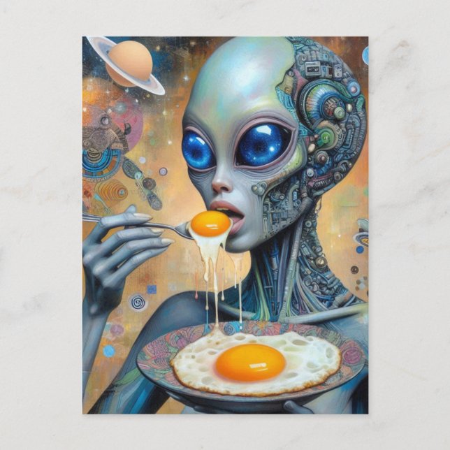 Funky Alien Eating Fried Eggs With Runny Yolks Postcard (Front)