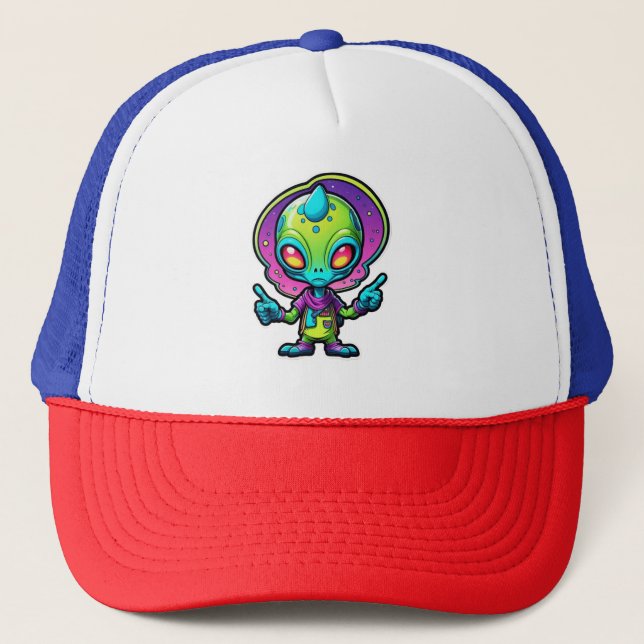 Funky Alien Peace Sign Design Trucker Hat (Front)