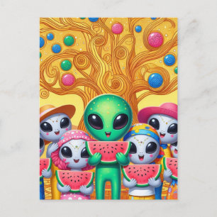 Funky Aliens Eating Watermelon Postcard