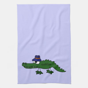 Funky Alligator Wearing Fishing Hat Cartoon Kitchen Towel