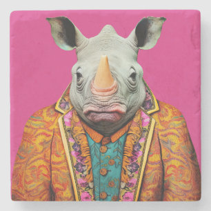 Funky Anthropomorphic Rhino Portrait on Hot Pink  Stone Coaster