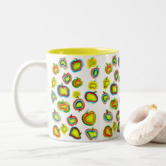 Funky apple watercolor fruit design Two-Tone coffee mug (With Donut)