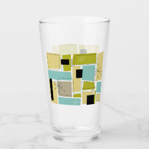 Funky Aqua Blue Yellow Rectangles Mid Century Glass