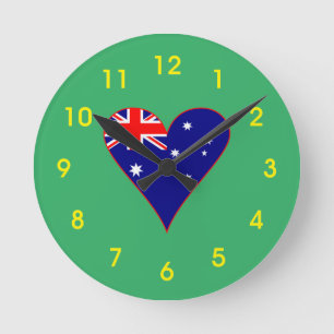 Funky Australia Heart Flag Green Background  Round Clock