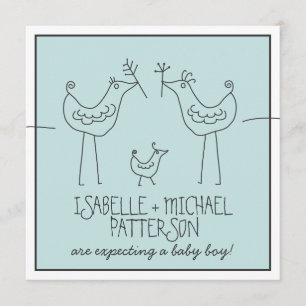 Funky Birds Modern Family Couples Baby Boy Shower Invitation