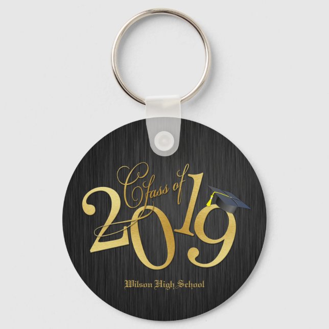 Funky Black and Gold Class of 2019 Graduations Keychain (Front)
