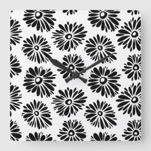 Funky Black and white floral Square Wall Clock