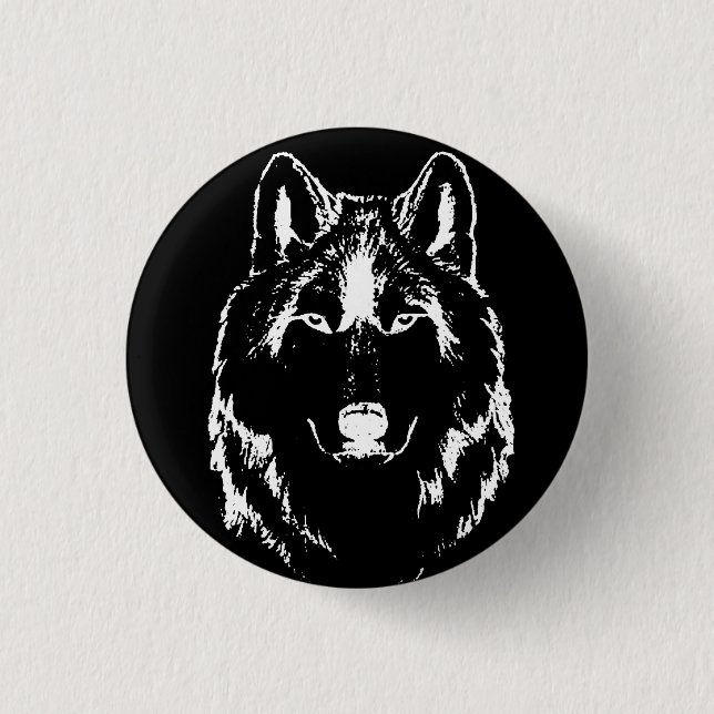 Funky Black And White Wolf Face Head Sketch 1 Inch Round Button (Front)