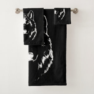 Funky Black And White Wolf Face Head Sketch Bath Towel Set