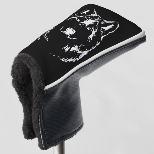 Funky Black And White Wolf Face Head Sketch Golf Head Cover (3/4 Front)