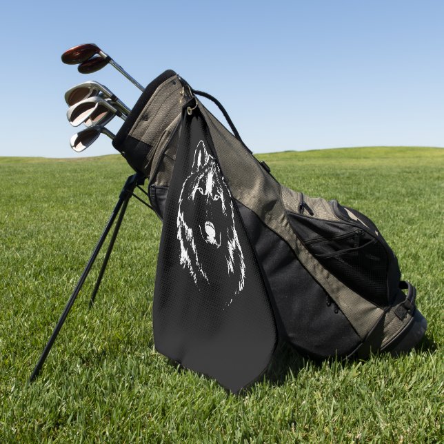 Funky Black And White Wolf Face Head Sketch Golf Towel (Green)