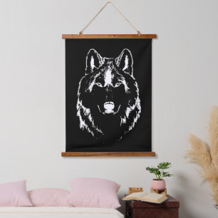 Funky Black And White Wolf Face Head Sketch Hanging Tapestry