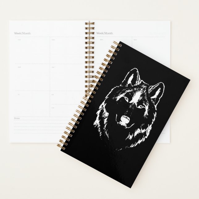 Funky Black And White Wolf Face Head Sketch Planner (Display)
