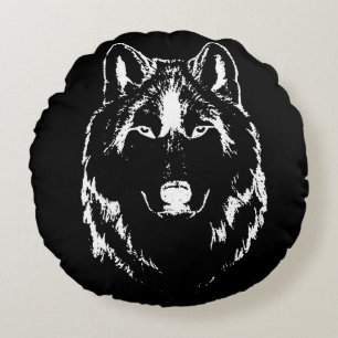 Funky Black And White Wolf Face Head Sketch Round Pillow