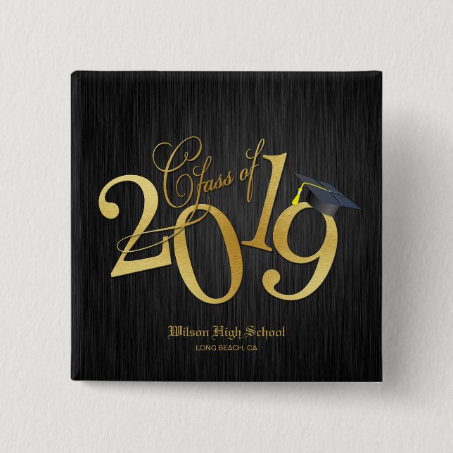 Funky Black & Gold Class of 2019 Graduation 2 Inch Square Button (Front)