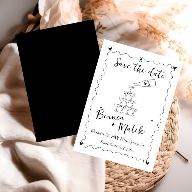Funky Black Handwritten Champagne Tower Wedding  Save The Date (Creator Uploaded)