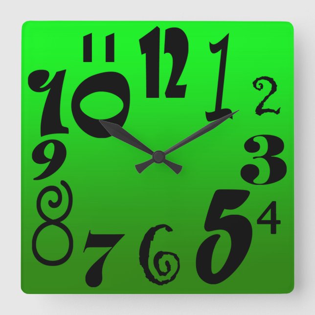 Funky black numbers - gradient of green face square wall clock (Front)